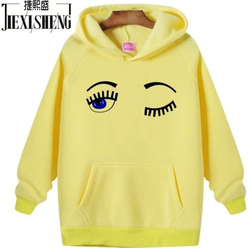 2020 Women Hoodies Sweatshirt Long Sleeve hooded Loose Pullover funny Big eyes printing Autumn winter Flocking Keep warm Tops
