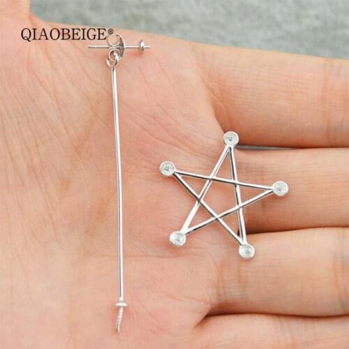 QIAOBEIGE DIY small pearls jewerlry making Earrings Accessories 925 silver asymmetry Five Stars Long Stud Earring For Women Men