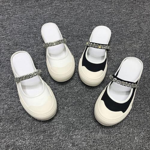 2021 spring and autumn new fashion rhinestone chain round toe flat casual women slides canvas ladies mules slippers