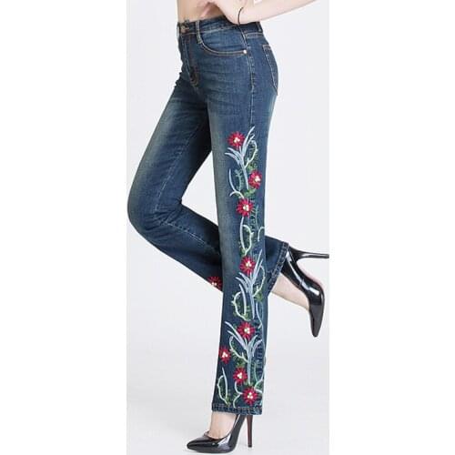 FERZIGE Brand Pants Female 2019 Beautiful Handmade Beading Embroidery High Waist Jeans Women Plus Size Sweet Skinny Trousers
