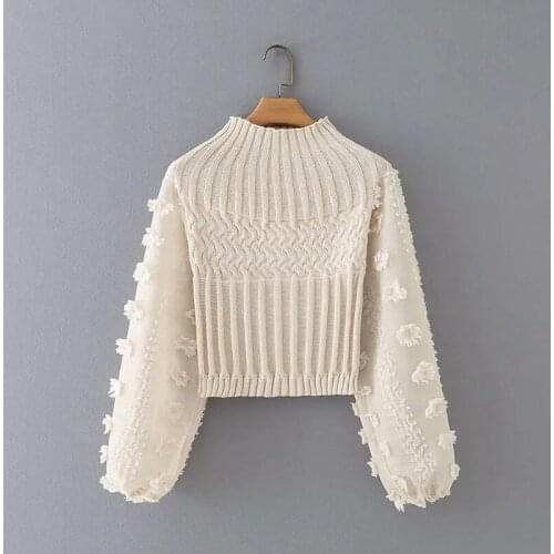 New Women Fashion Appliques Chiffon Lantern Sleeve Patchwork Short Knitting Sweater Ladies Chic Pullovers Tops SA832