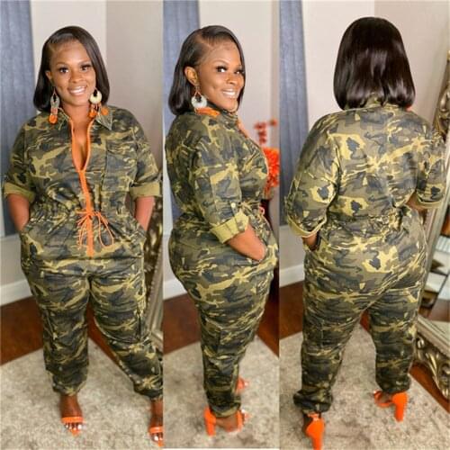 RStylish Plus Size 2021 Autumn Women Long Sleeve Collect Waist Elastic Zipper One Piece Camouflage Jumpsuit