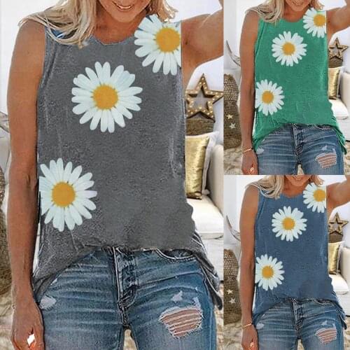 Chrysanthemum print womens top, summer new fashion trend, casual round neck sleeveless vest,tshirt летняя одежда женская