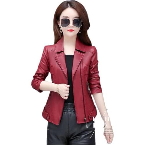 2021Spring Autumn New Womens Leather Coat Short Thicken Slim Female Outerwear Suit Collar Elegant Ladies Leather Jacket