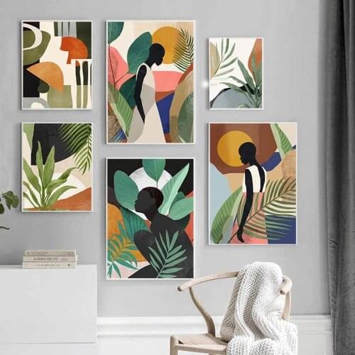 Abstract Poster Tropical Leaf Wall Canvas Painting Black African Woman Posters Fashion Art Print Nordic Wall Pictures Home Decor