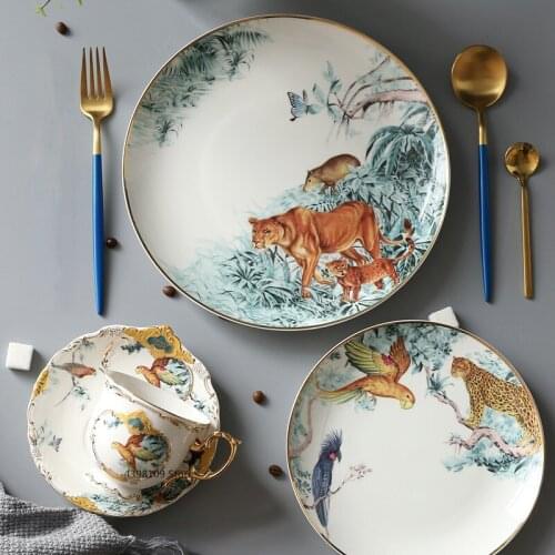 English Ceramic Tableware Jungle Animal Dessert Fruit Plate Nordic High Quality Dinner Plate Restaurant Coffee Cup Saucer Set