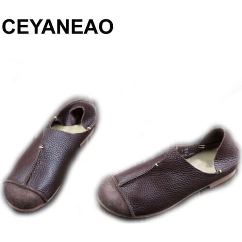 CEYANEAO Hand-made Genuine Leather Flat Shoes Woman Slip on Loafers Ladies Flat Shoes Mori Girl Style Brand Designer (z105)