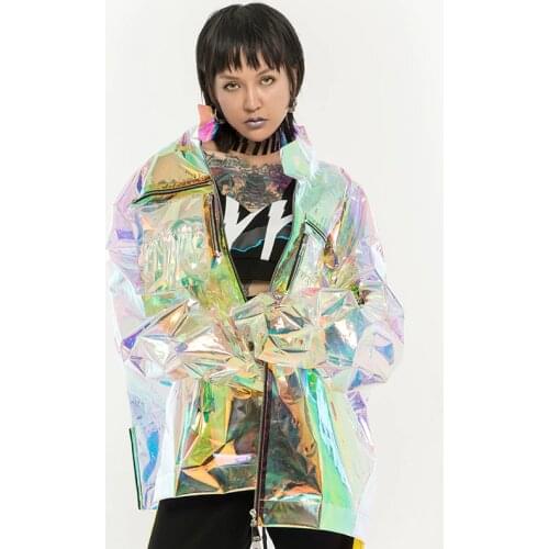 Hologram Glitter Trendy Women Loosen Jacket Bling Laser Reflective Coats Punk Dance Hip Hop Jacket Ads Model Holographic Costume