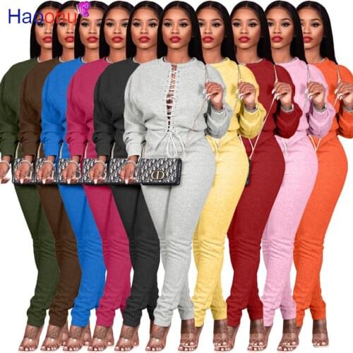 HAOOHU Activewear Womens Set Lace Up Stitch Sweatshirt Jogger Pants Matching Set Sportwear Tracksuit Two 2 Piece Set Outfit