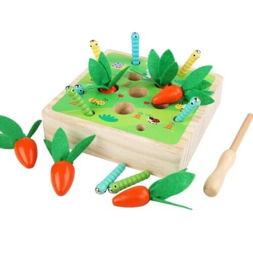 Montessori Magnetic Fishing Toys For Kids Wooden Baby Early Educational Catch Worm Pulling Carrot Game 3D Fish Children Toy