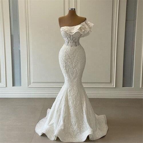 Beading Lace Wedding Dress Ruffled Scoop Neckline One Shoulder Mermaid Bridal Gown
