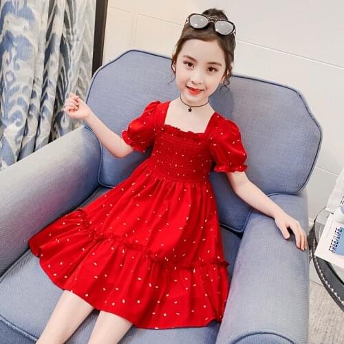 FYH Summer Girls Clothing Baby Girls Floral Dress for Age 4-14 Girls Princess Dresses Fashion Style Kids Short-sleeve cute Dress