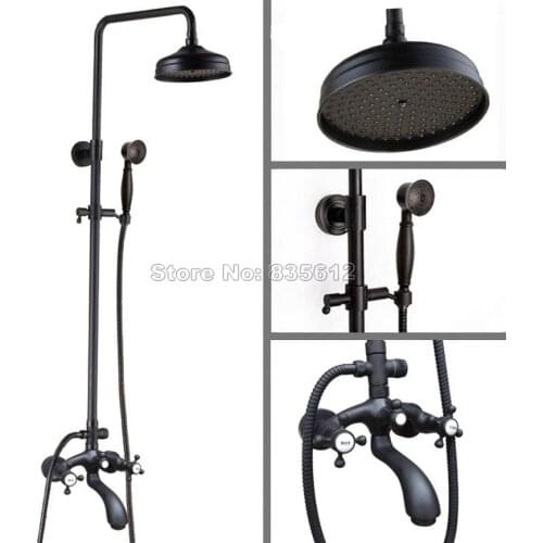 Wall Mounted Bathroom Black Oil Rubbed Bronze Dual Handles Rain Shower Faucet Set With 8" Shower Head Bath Tub Mixer Tap Whg111