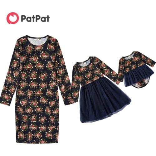 PatPat New Arrival Autumn and Spring Mosaic Mommy and Me Mesh Floral Print Long-sleeve Dresses Childrens Clothing