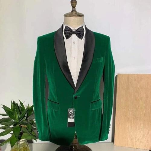 Leisure Green Velvet Smoking Men Suits Wedding Jackets Shawl Lapel Formal Tuxedos Loose Vintage Retro Dinner Party Prom Blazer