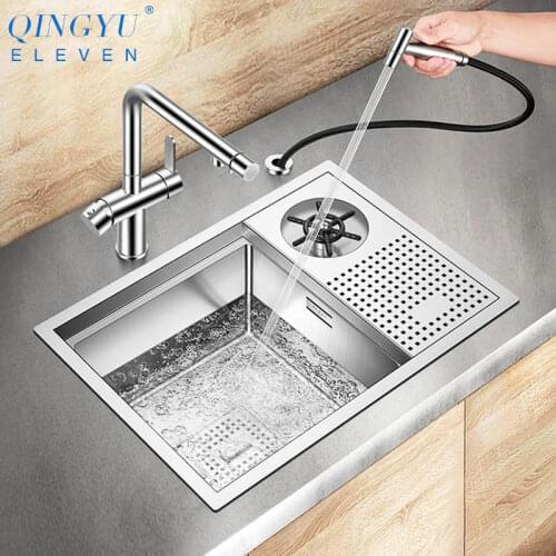 QINGYU ELEVEN 304 Stainless Steel 4mm Thickness Handmade Brushed Sink High Pressure Cup Washer Bar Counter kitchen Sink