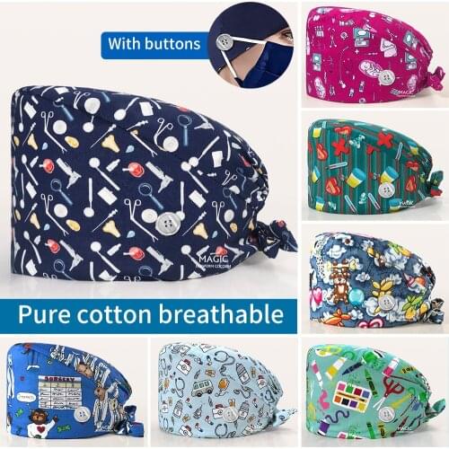 Doctor operating room pattern printing With buttons nursing head cap lab scrub pet shop surgicals hat Unisex Dentist scrub cap