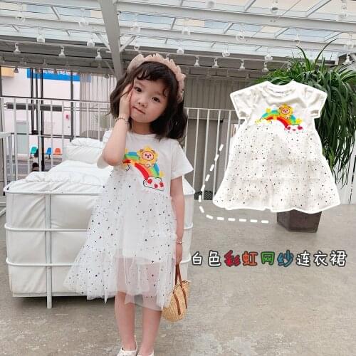 Tonytaobaby Summer New Girls Dress Rainbow Pattern Stars Sequined White Tulle Little Girls Dresses