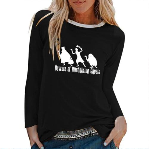 Beware of Hitchhiking Ghosts Print Halloween Long Sleeve T-shirts Women Autumn Winter White O Neck Graphic Tees Women Streetwear