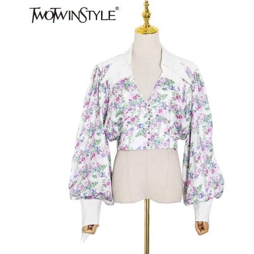 TWOTWINSTYLE Elegant Patchwork Print Floral Famale Shirts Lapel Collar Lantern Long Sleeves Shirt For Women 2020 Summer Fashion