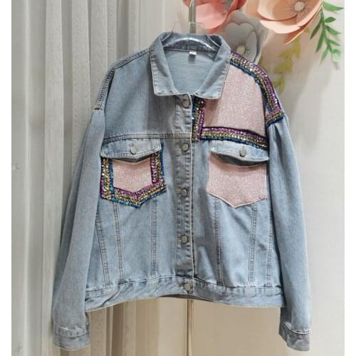 Sequins Spliced Women Jeans Coats Loose Funny Autumn Long Sleeve Denim Jackets Y707