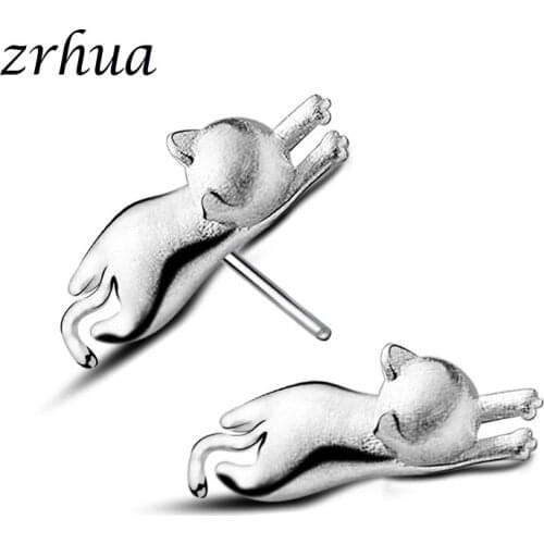ZRHUA Silver Color Earrings Cute Animal Cat Stud Earings for Women Girl Fashion Jewelry Pendientes Plata brincos Hot Sale