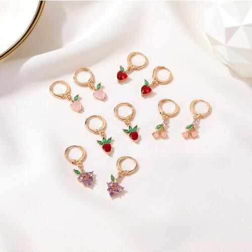 2021 New Summer Hot 18k Gold Filled CZ Fruit Cherry Apple Grape Peach Charm Hoop Earrings Girls Cute Small Sweet Hoop Earring