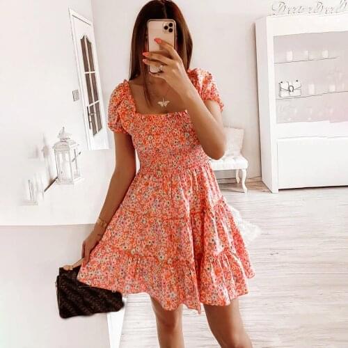 New Summer Mini Sexy Floral Dress For Women Boho Elegant Puff Sleeve Square Collar Short Sleeve Elastic Waist Beach Dresses Robe