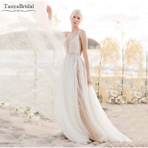 Deep V-Neck Bohemian Wedding Dress Nude Lining Tulle Bridal Gowns Charming Summer Vestido De Noivas DW564