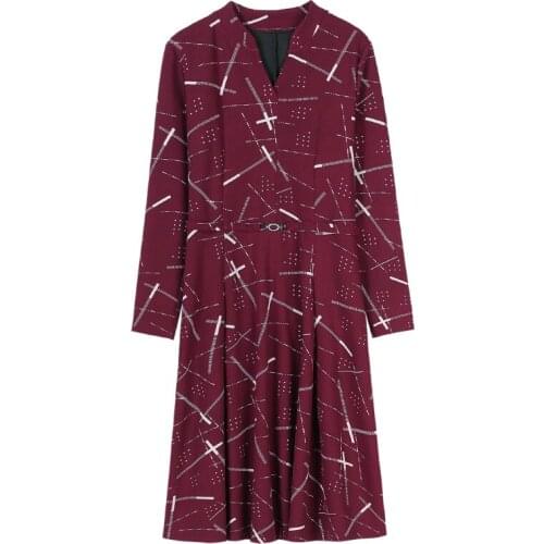 Womens Spring Autumn Dress Fashion Hedging Casual Printed Long Sleeve V-Neck Dresses Hot Sale 2020 A663
