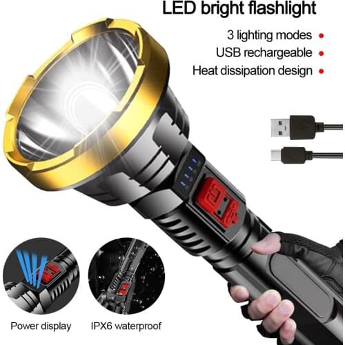2000LM LED Flashlight USB Rechargeable 3-Speed LED Super Bright Long-range Emergency Torch Power Display Outdoor Lantern