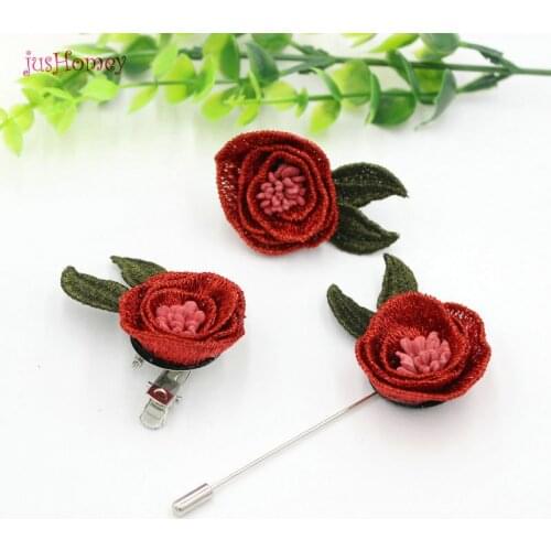 3pcs/lot new Women Rose Embroidery 3.5cm brooch flower lapel pin suit boutonniere wedding groomsman stick pin
