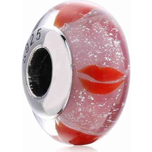 Ajax Charm 925 Silver Beads Lip Print Pink Murano Glass Beads Fit Bangles For Women