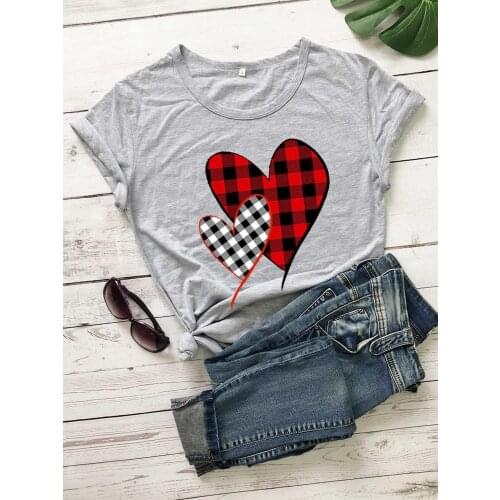 Valentine Plaid Splicing Heart O-Neck T-Shirt big heart graphic funny women fashion colorful print grunge tumblr tees art tops