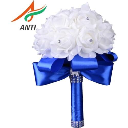 ANTI Cheap Good Quality PE Rose Bridesmaid Wedding Foam flowers Rose Bridal bouquet Ribbon Fake Wedding bouquet de noiva Custom
