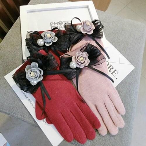 Korean touch screen cashmere bow flowers thickening cute warm women autumn winter pink gray red gloves mittens