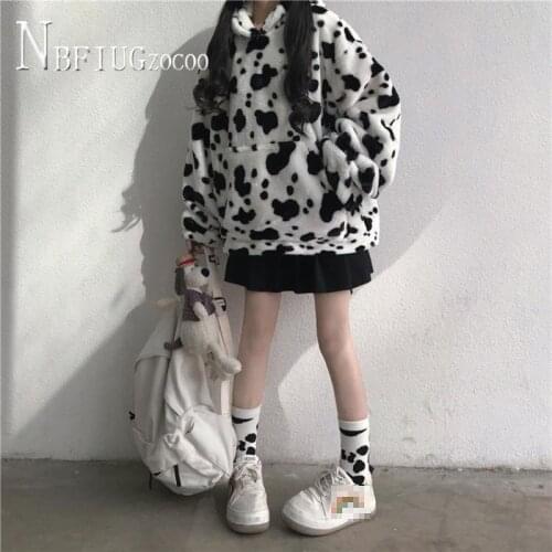 Korean 2020 New Kawaii Cows Women Sweatshirts Lining With Fluff Hooded Loose Female Sweatshirt