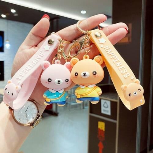 PVC Bear Kids Metal Keychain Pink Blue Orange Yellow Coat Pendant Cute Bag Car Keyring Jewelry Lanyard Boy Girl Couple Gift