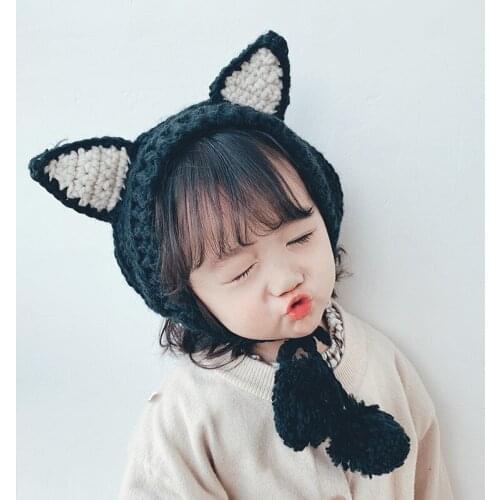 Cute Cat Ears Beanie Winter Warm 100% Handmade Crochet Knit Hat For Kids Cartoon Clothing Accessories Ear Protection Beanies Cap