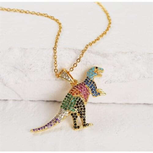 Trendy Copper Metal Multicolor Cubic Zirconia Animal Dinosaur Necklaces Pendants For Women Gold Stainless Steel Chain Necklace