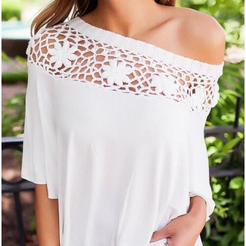 Sexy white lace blouse shirt Women tops elegant hollow out blouse Summer tops Solid Patchwork female blouse Cold Shoulder blusas