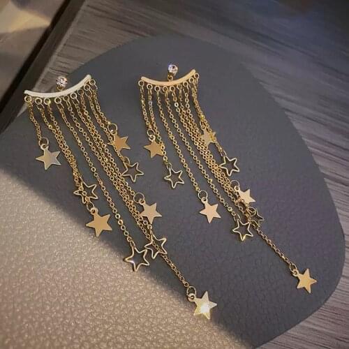 Vintage Temperament Star Moon Tassel Earrings Rear Hanging Six-Pointed Star Earring European and American Women Fashion Earrings