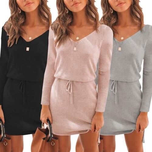 Chic Women Autumn Long Sleeve V Neck Drawstring Waist Irregular Hem Mini Dress Party Wedding Elegant Evening dress