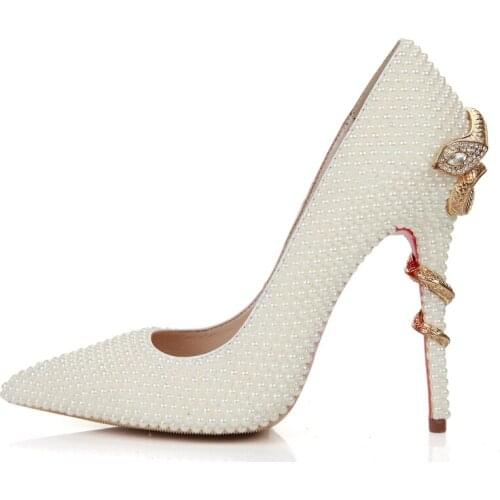 Ladies Twined Gold Snake High Heels Pearl Pumps Female Glossy Beads Drilled Wedding Shoes Pointed Toe Slip On Evening Party Heel