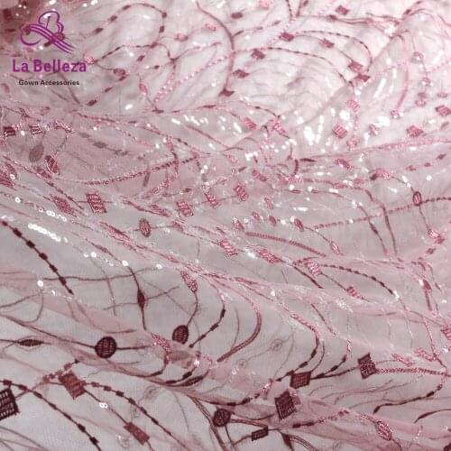 High quality off white/pink elegant line with sparkling sequins on netting lace fabric eveing dress performance fabric 1yard