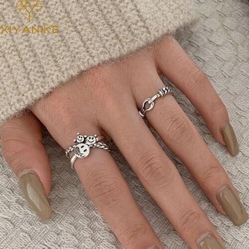 XIYANIKE 925 Sterling Silver New Fashion Smiling Face Chain Crossed Handmade Rings for Women Couple Vintage Jewelry Party Gifts
