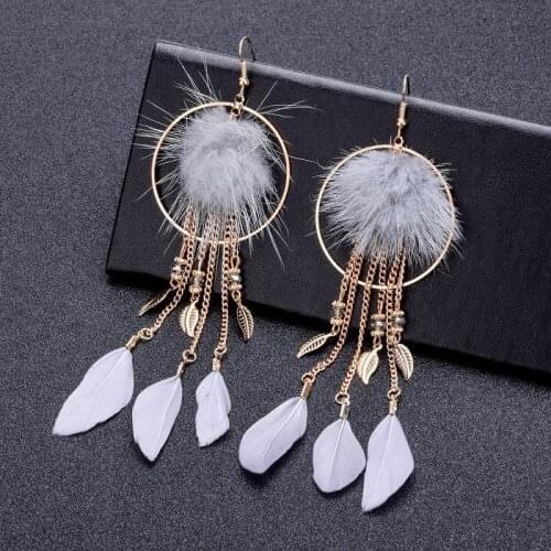 Women Boho Ball Earrings Long Tassel Earrings Temperament Alloy Leaf Feather Earrings Charm Jewelry Accessories