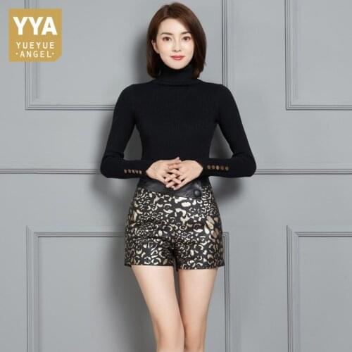 High Waist Genuine Leather Shorts Office Lady Leopard Print Asymmetric Button Zipper Pocket Women Sheepskin Shorts Spring Autumn