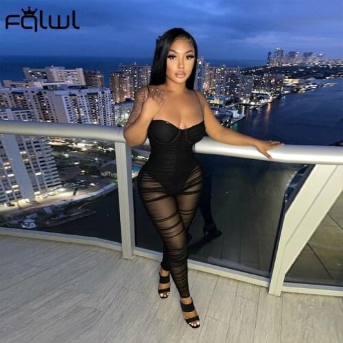 FQLWL Sexy Clubwear Bodycon Sleeveless Jumpsuit Women Mesh Transparent Stacked Romper 2021 Ladies Strap Backless Skinny Jumpsuit