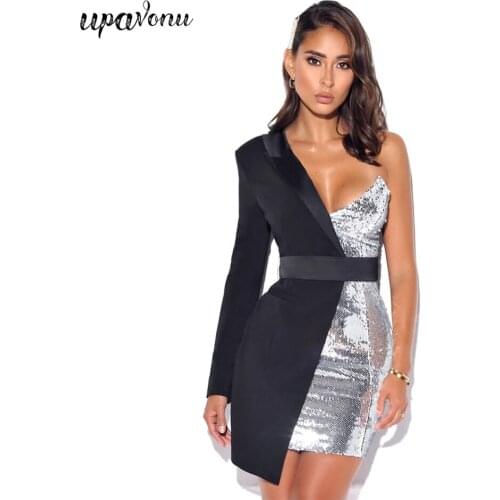 2020 Winter New Fashion Womens Dress Bodycon Belt Sexy V-neck One-shoulder Full-Sleeve Sequins Womens Skinny Mini Dress Wholes